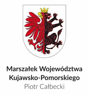Herb województwa kujawsko-pomorskiego, obok czarny napis Marszałek Województwa Kujawsko-Pomorskiego Piotr Całbecki