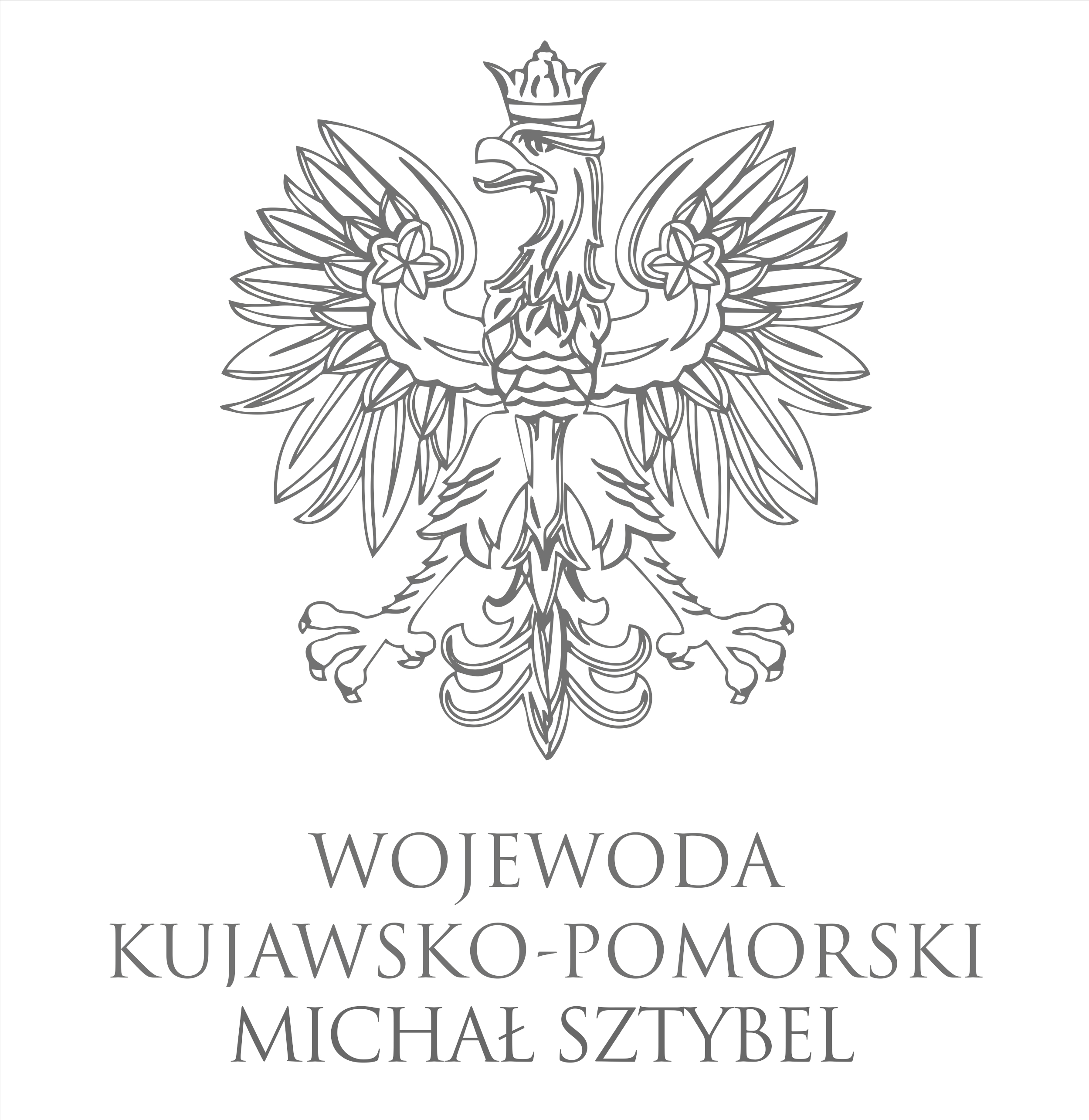Szary Orzeł, jak w godle Polski, pod spodem szary napis Wojewoda Kujawsko Pomorski Michał Sztybel