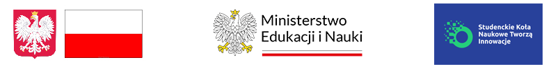 Logotypy: godło i flaga Polski, logo MEiN, logo programu Studenckie Koła tworzą innowacje