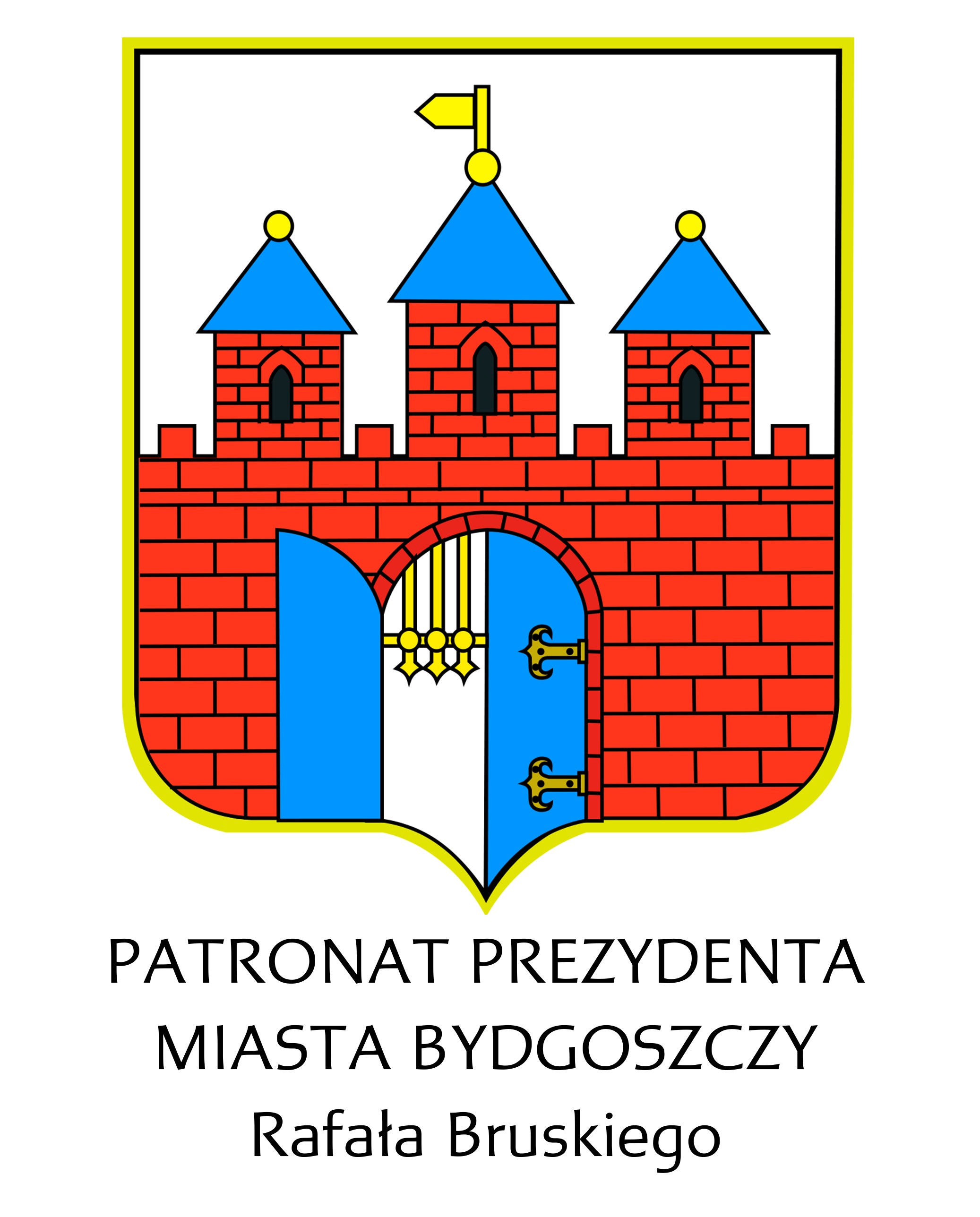 Herb Bydgoszczy, obok czarny napis Patronat Prezydenta Miasta Bydgoszczy Rafała Bruskiego
