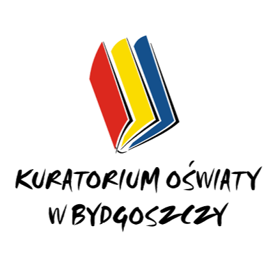 Logo w postaci książki w trzech kolorach: czerwonym, żółtym i niebieskim, pod spodem czarny Kuratorium Oświaty w Bydgoszczy