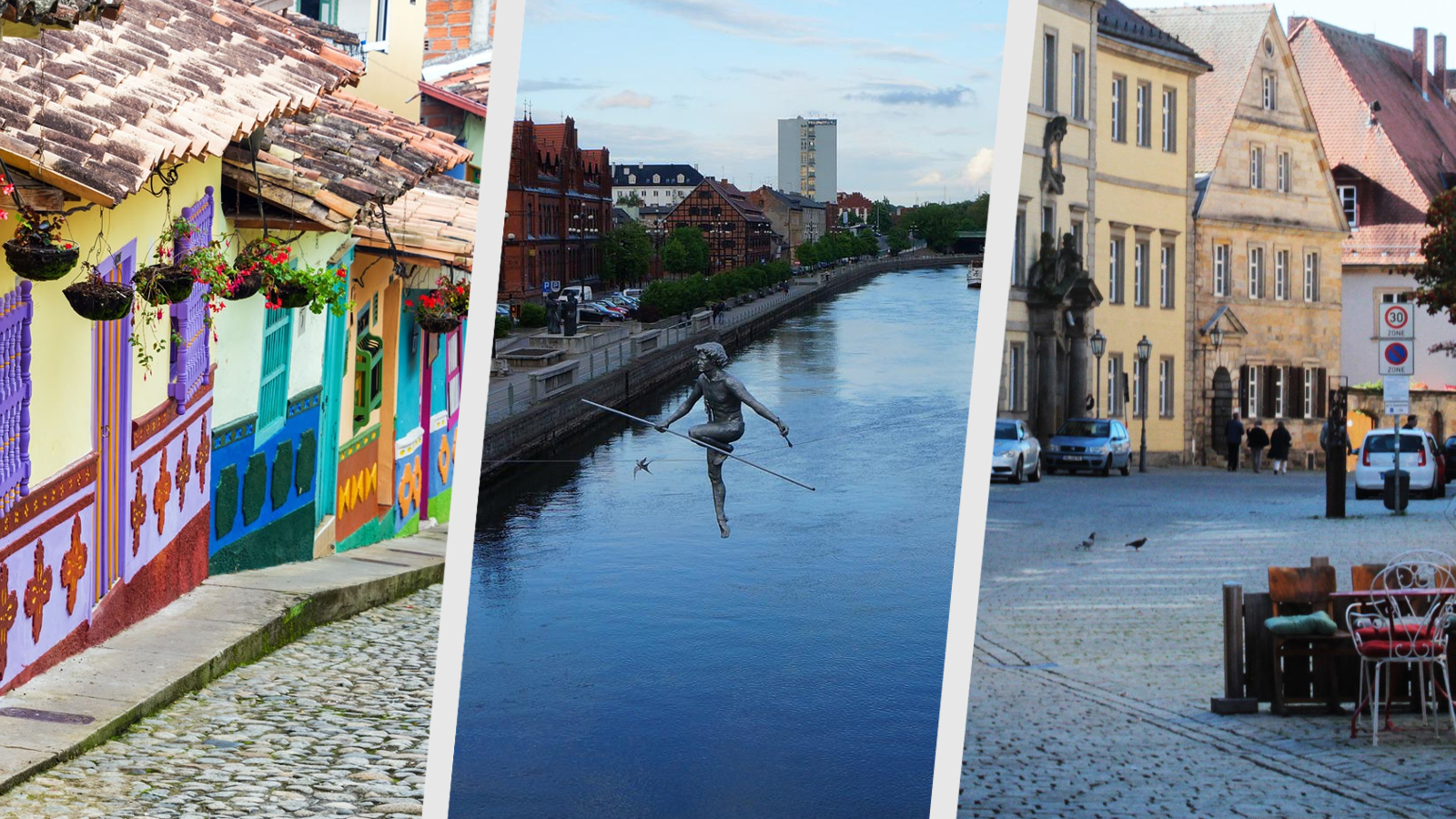 Dekorative Grafik, dreiteilig. Links: Gasse in Bogotá mit charakteristischen bunten Häusern. Mittig: Flussufer mit Seiltänzer-Skulptur in Bydgoszcz. Rechts: Gasse in Bayreuth.