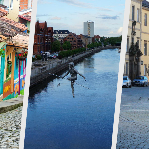 Dekorative Grafik, dreiteilig. Links: Gasse in Bogotá mit charakteristischen bunten Häusern. Mittig: Flussufer mit Seiltänzer-Skulptur in Bydgoszcz. Rechts: Gasse in Bayreuth.
