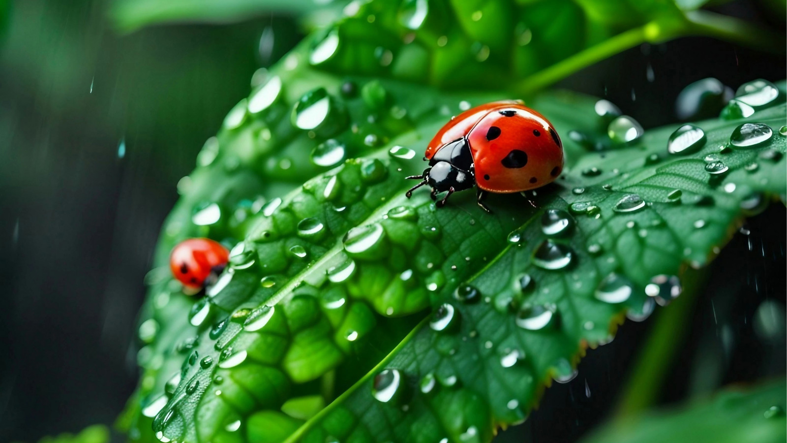 Biedronka siedząca na liściu, na którym znajdują się krople rosy, obraz pobrany ze strony pixabay.com