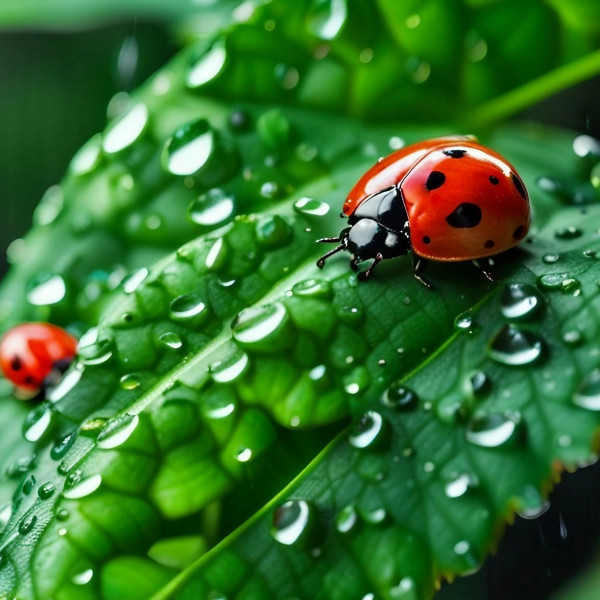 Biedronka siedząca na liściu, na którym znajdują się krople rosy, obraz pobrany ze strony pixabay.com